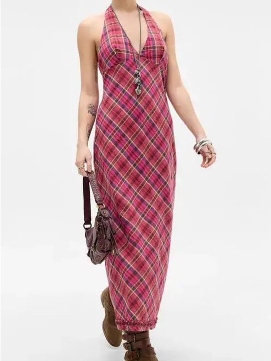 BDG Dresses & Skirts - BDG Pink Plaid Halter Maxi Dress